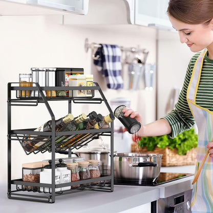 3-Tier Spice Rack Organizer: Kitchen and Bathroom Countertop Shelf Seasonings and Spices - Black